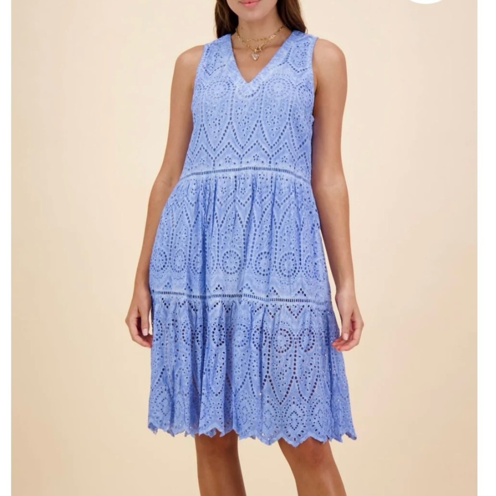 Rubyyaya Blue Eyelet Embroidered Sleeveless Tiered Midi Dress Boho Flowy Size M